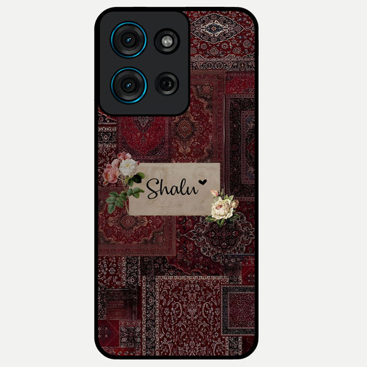 Velvet Wine Pattern Custom Name Glass Case showing flat back view with elegant wine colored pattern artwork and personalized name design.