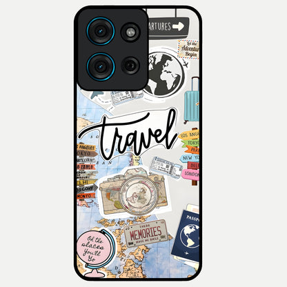 Wanderlust Journal Glass Case showing flat back view with travel inspired artwork and glossy glass finish.