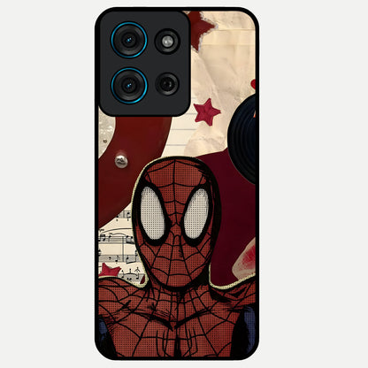 Web Warrior Vibes Glass Case showing flat back view with superhero inspired web themed artwork and glossy glass finish.