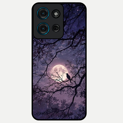 Whispering Moon Silence Glass Case showing flat back view with serene moon themed artwork and glossy glass finish.