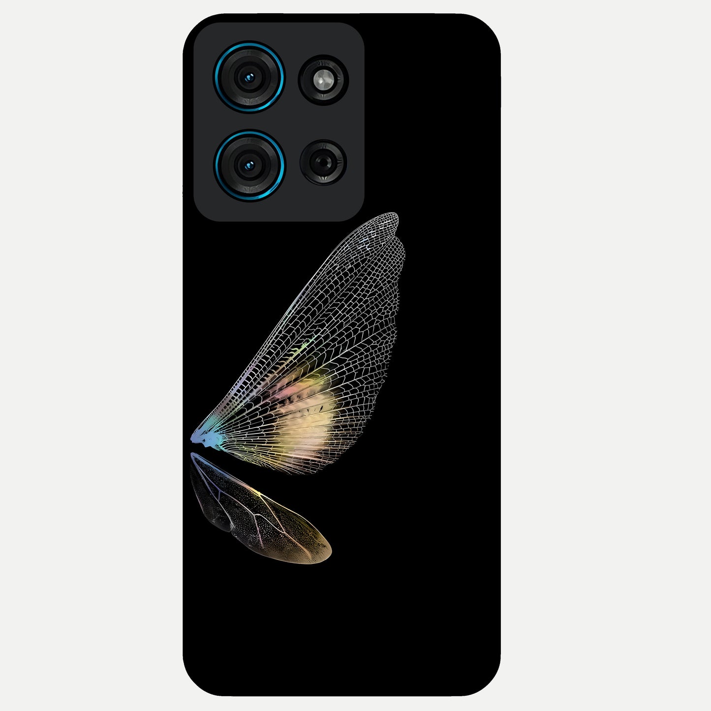 Whispers Of Wings Glass Case showing flat back view with graceful wing inspired artwork and glossy glass finish.