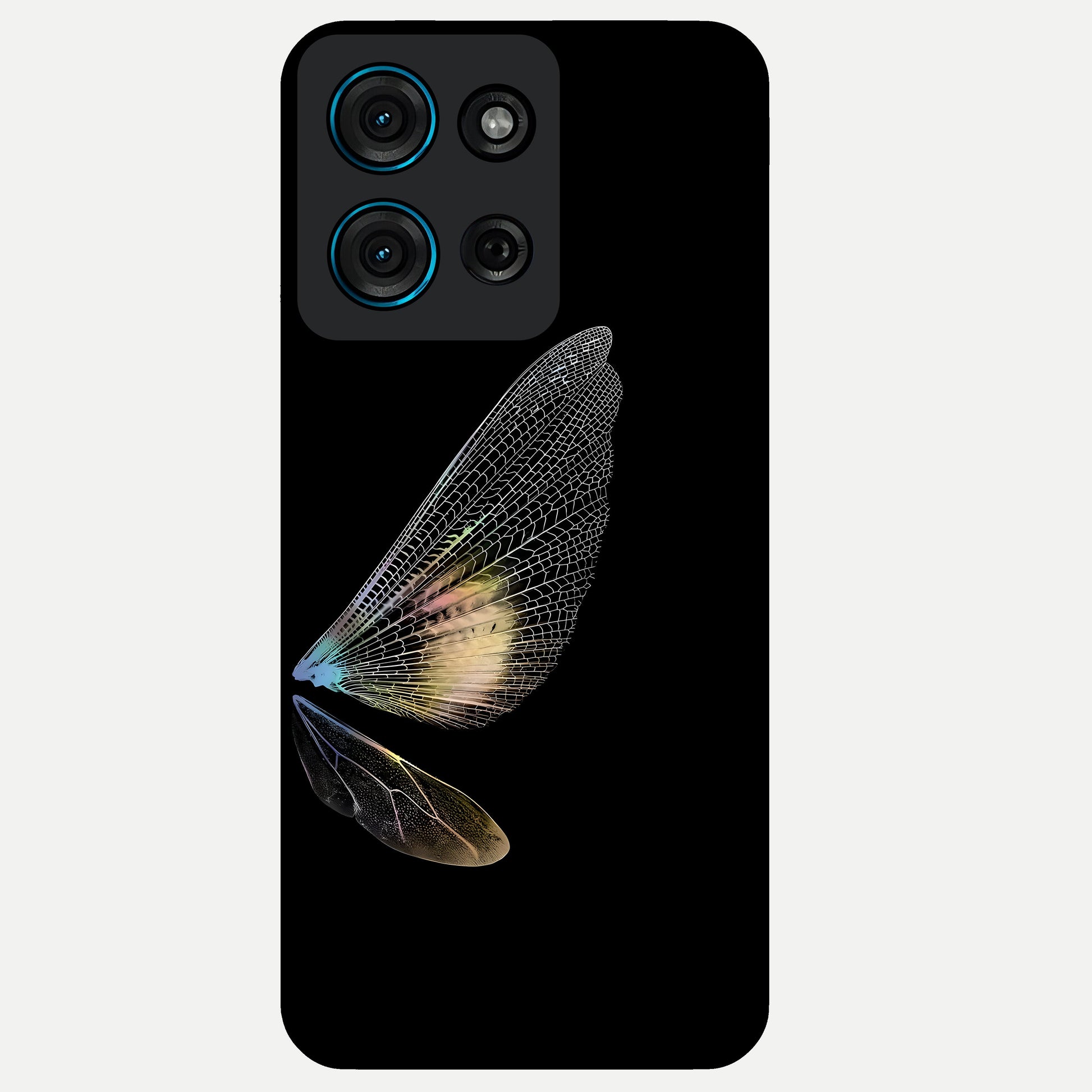 Whispers Of Wings Glass Case showing flat back view with graceful wing inspired artwork and glossy glass finish.