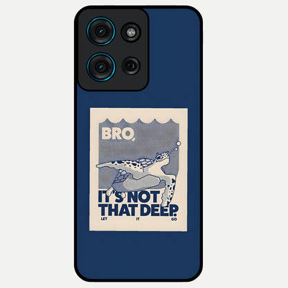 Worry Less Swim Glass Case showing flat back view with playful motivational artwork and glossy glass finish.