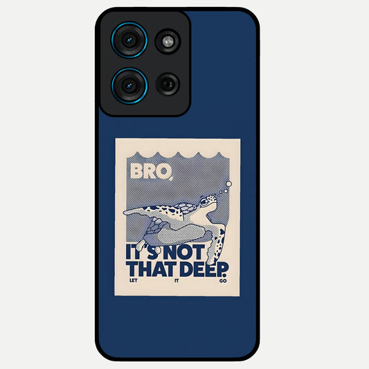Worry Less Swim Glass Case showing flat back view with playful motivational artwork and glossy glass finish.