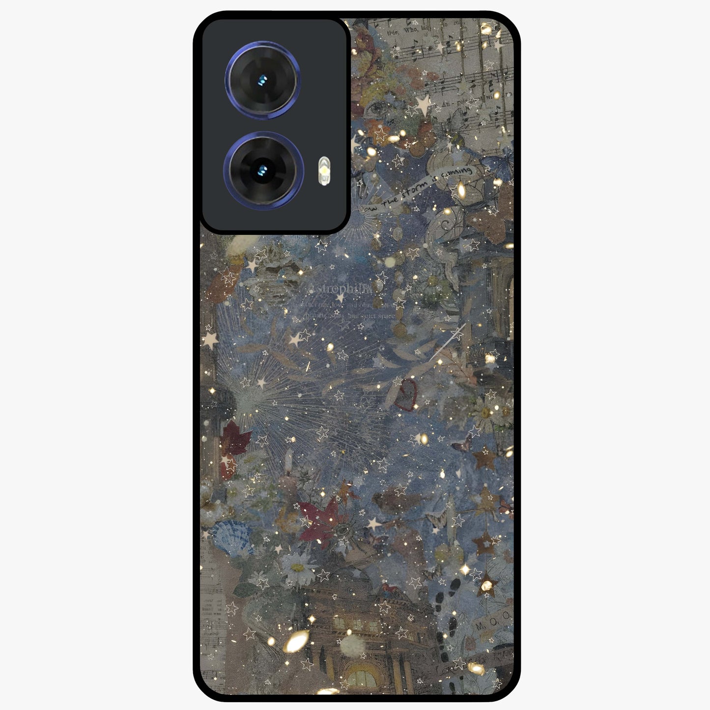 Aesthetic Astrolophia Glass Case showing flat back view with dreamy aesthetic design and glossy glass finish.