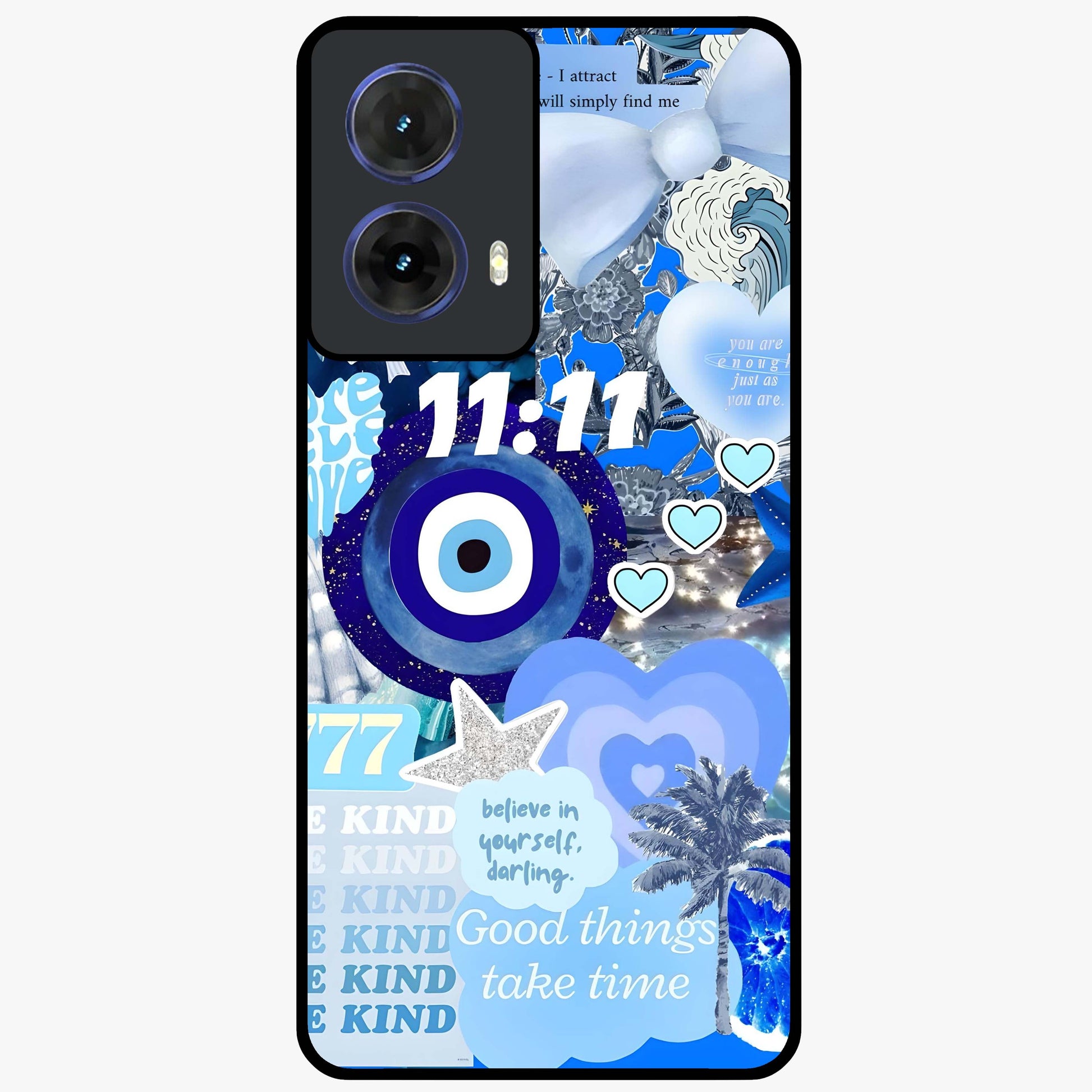 Aesthetic Be Kind Eye Glass Case showing flat back view with motivational eye artwork and glossy glass finish.