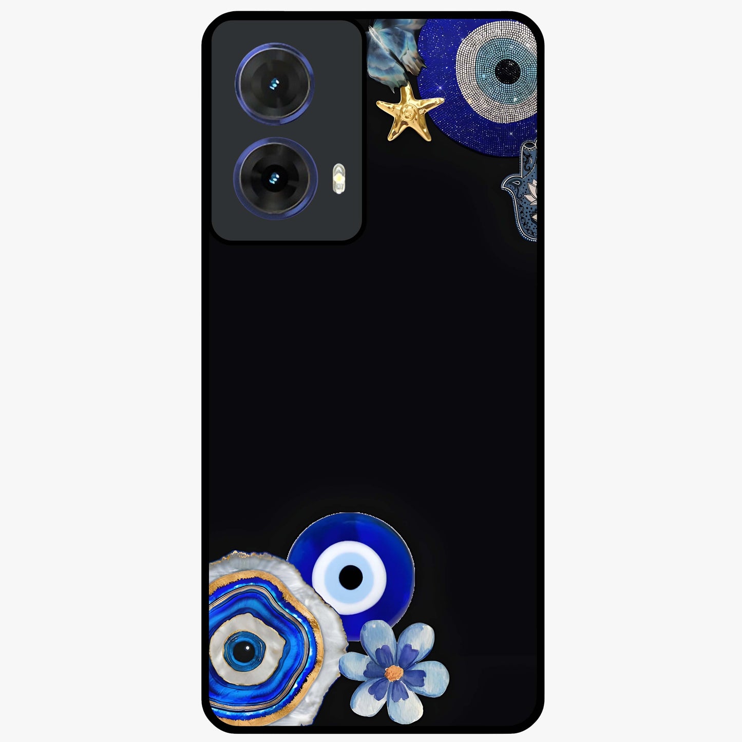 Aesthetic Blue Evil Eye Glass Case showing flat back view with protective evil eye artwork and glossy glass finish.