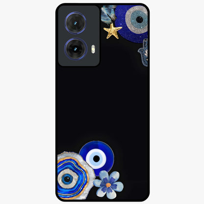 Aesthetic Blue Evil Eye Glass Case showing flat back view with protective evil eye artwork and glossy glass finish.