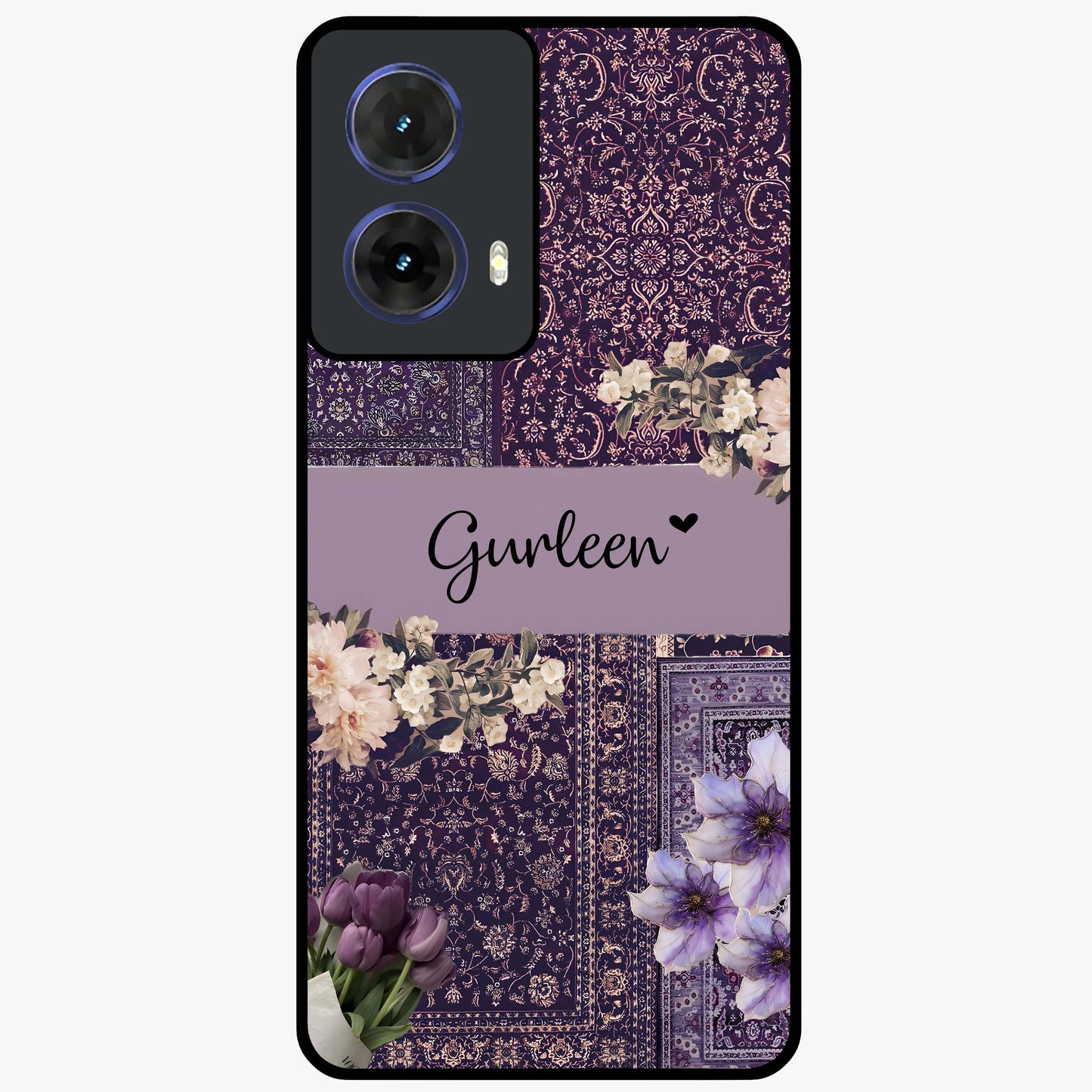 Antique Floral Whisper Custom Name Glass Case showing flat back view with vintage floral artwork and personalized name design.