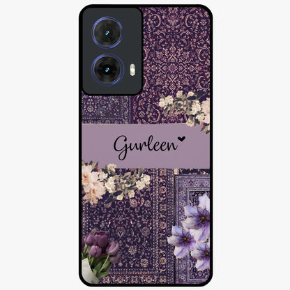 Antique Floral Whisper Custom Name Glass Case showing flat back view with vintage floral artwork and personalized name design.