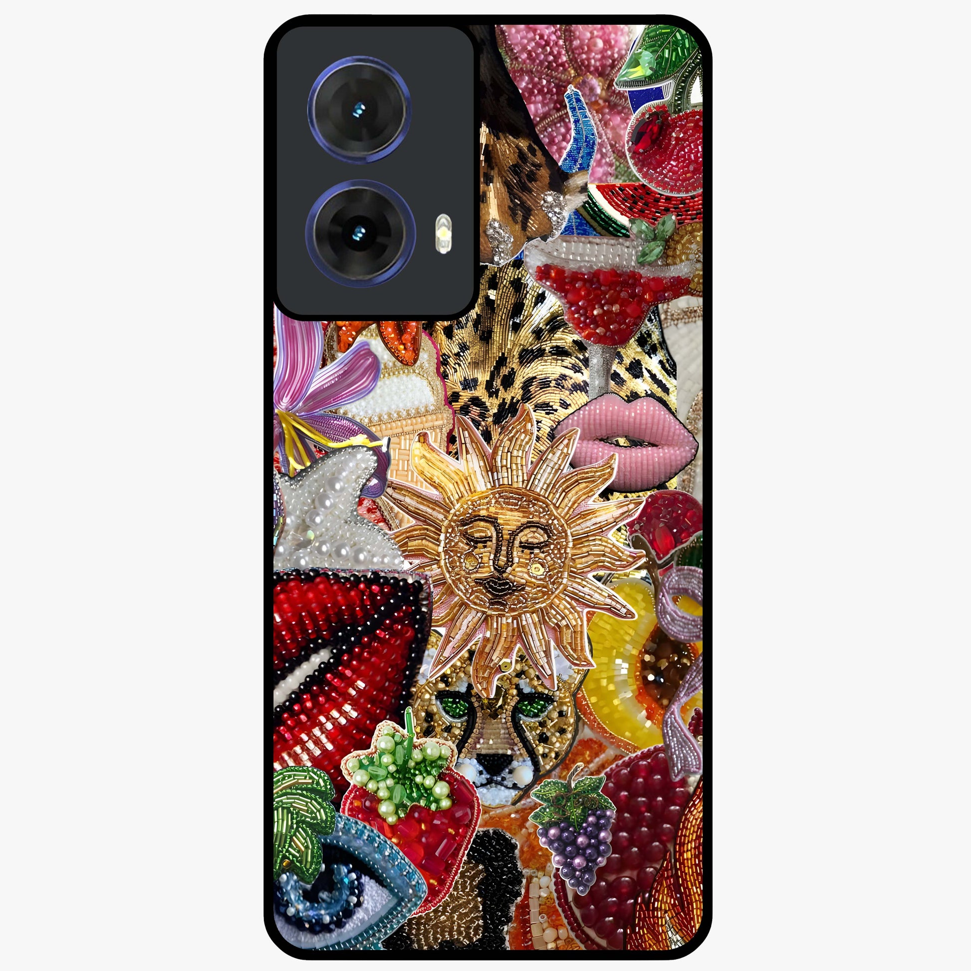 Beaded Fashion Jungle Glass Case showing flat back view with vibrant jungle inspired bead artwork and glossy glass finish.
