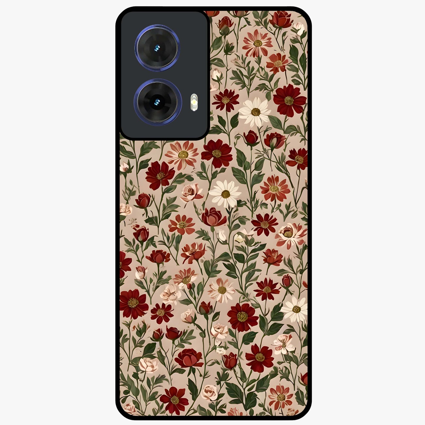 Biege Flower With Leaf Glass Case showing flat back view with soft beige floral artwork and glossy glass finish.