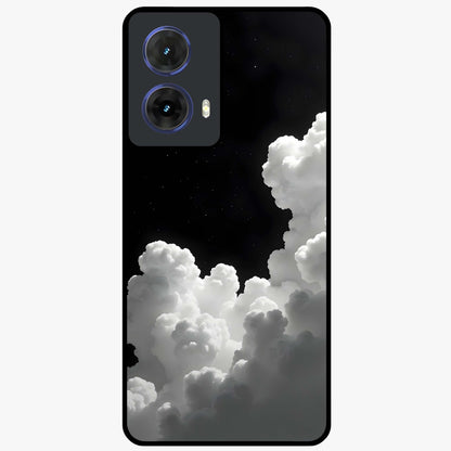 Black Background With White Cloud Glass Case showing flat back view with minimal cloud artwork on dark background and glossy glass finish.
