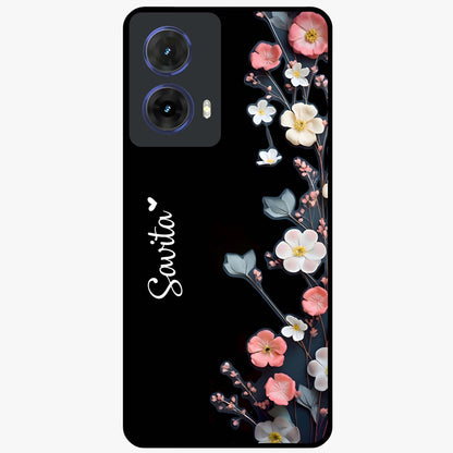 Black Elegance Floral Custom Name Glass Case showing flat back view with elegant floral artwork and personalized name design.