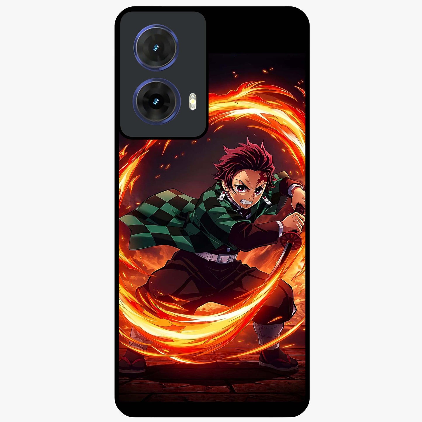 Blazing Sword Resolve Glass Case showing flat back view with fiery sword artwork and glossy glass finish.