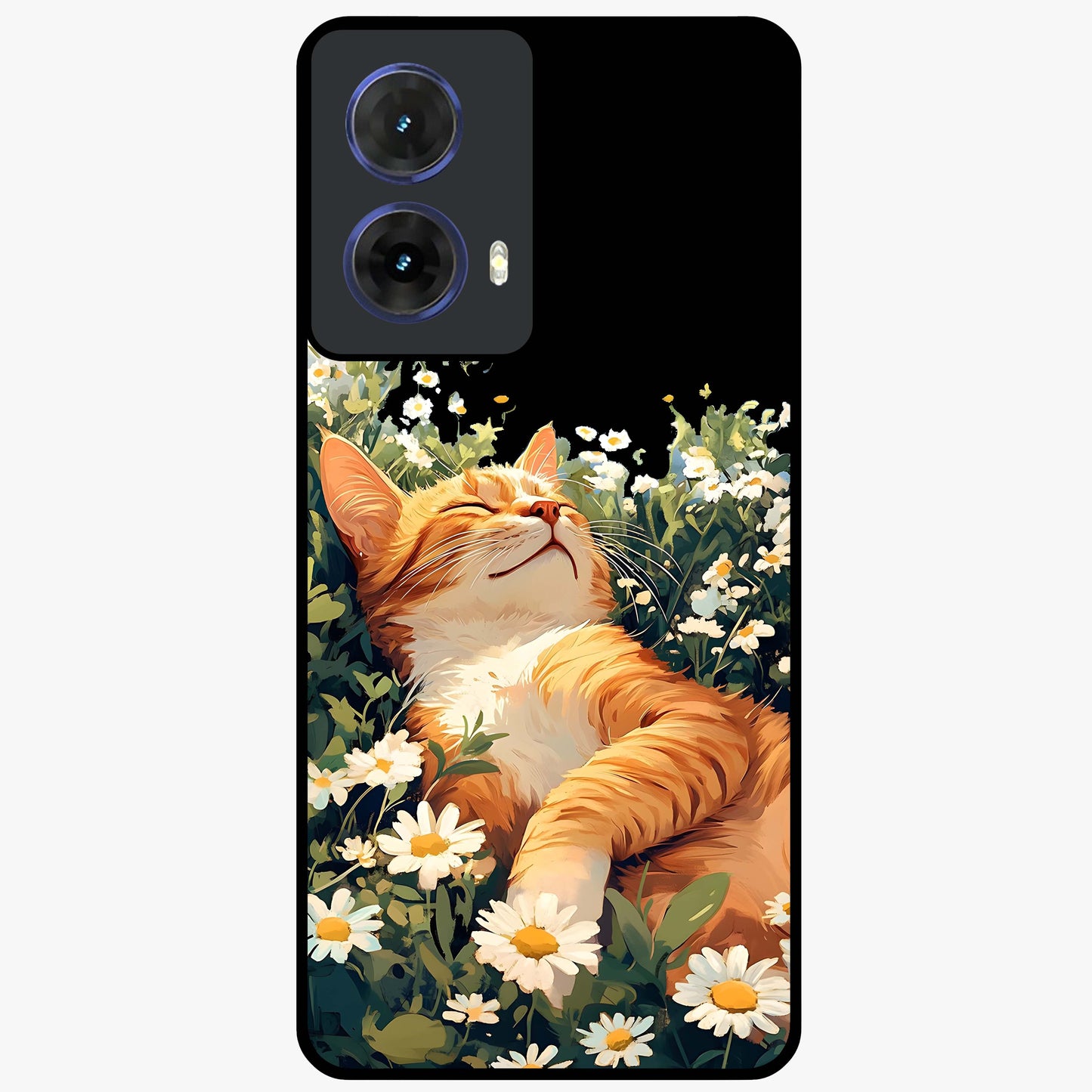 Blissful Bloom Cat Glass Case showing flat back view with cute cat and floral bloom artwork and glossy glass finish.