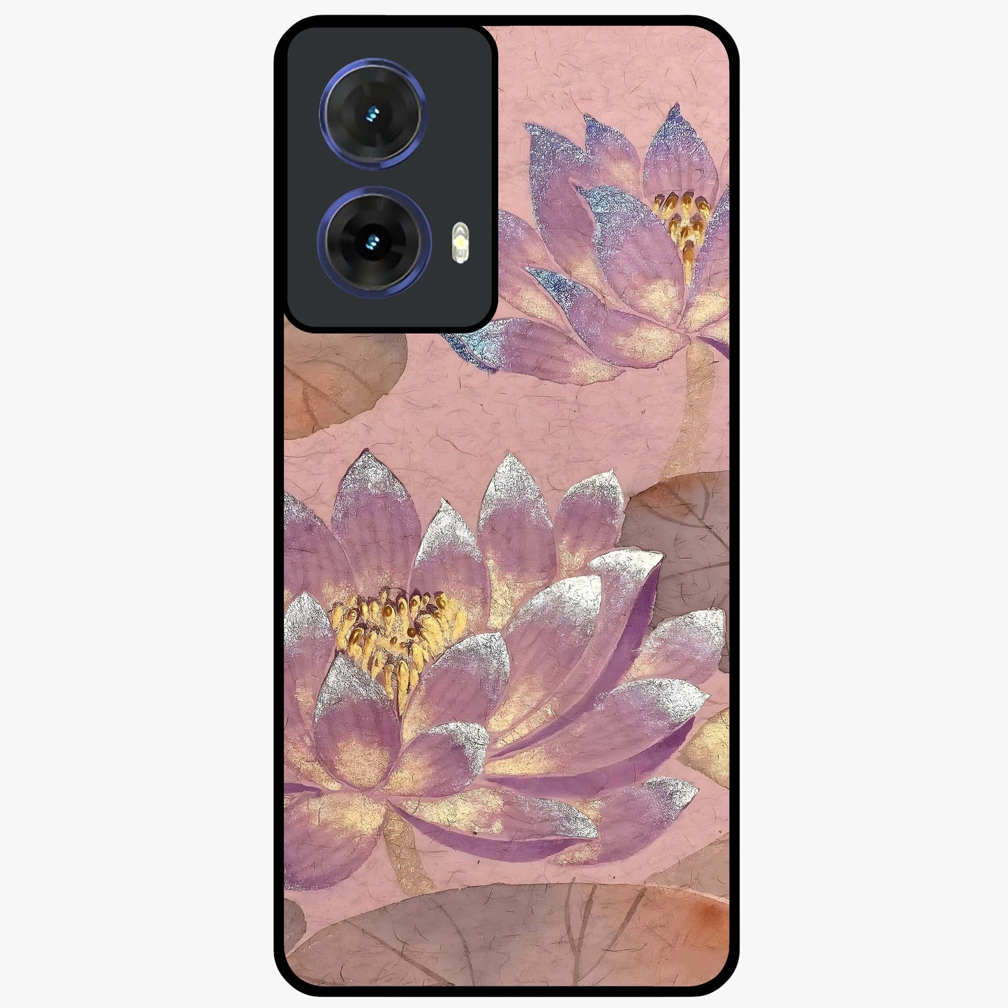 Blossom Mist Lotus Glass Case showing flat back view with serene lotus blossom artwork and glossy glass finish.