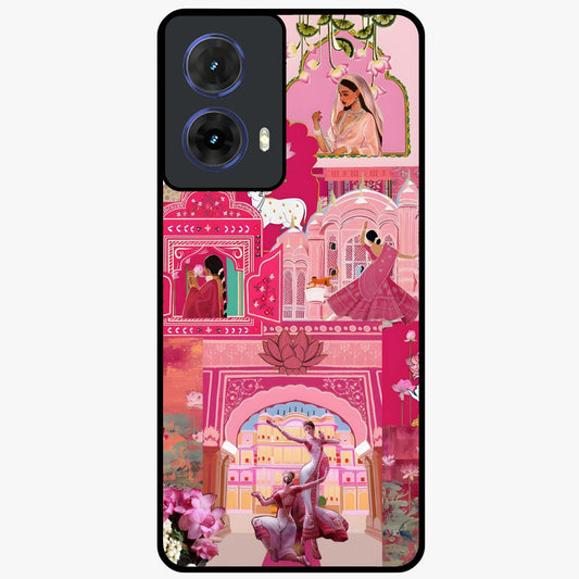 Blossoms of Rajasthan Glass Case showing flat back view with traditional floral artwork inspired by Rajasthan and glossy glass finish.