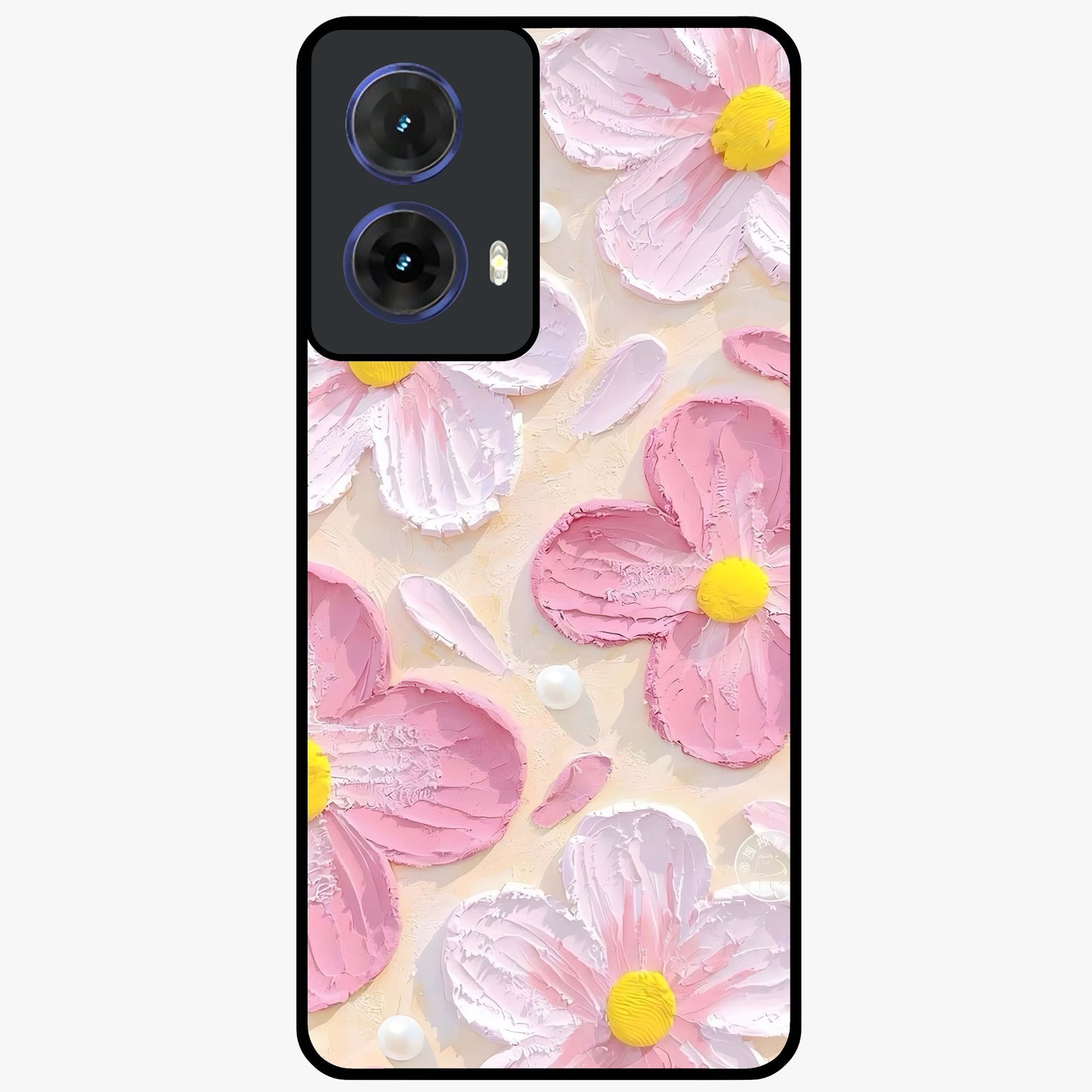 Blush Bloom Texture Glass Case showing flat back view with soft blush floral texture artwork and glossy glass finish.