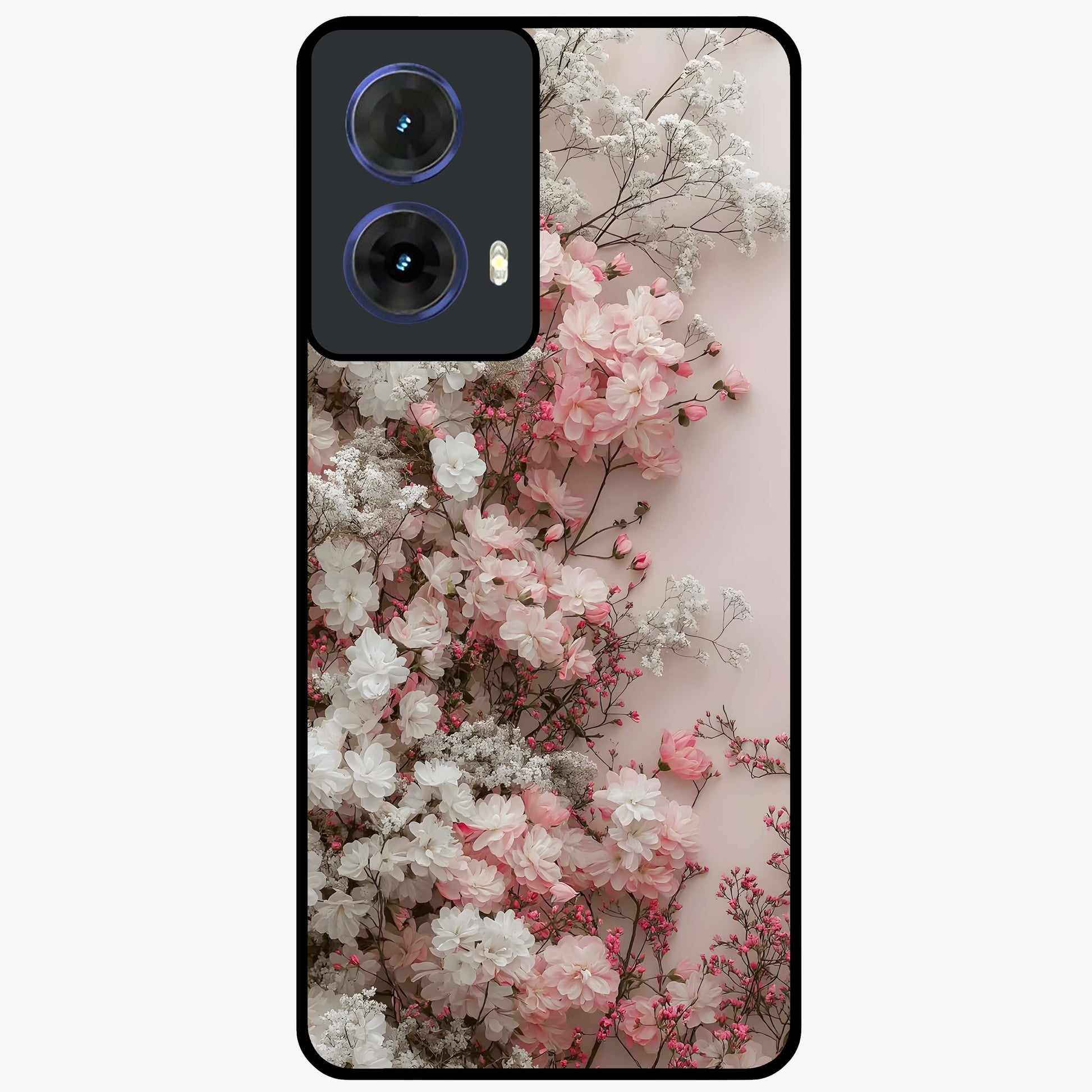 Blush Blossom Cloud Glass Case showing flat back view with dreamy blush cloud blossom artwork and glossy glass finish.