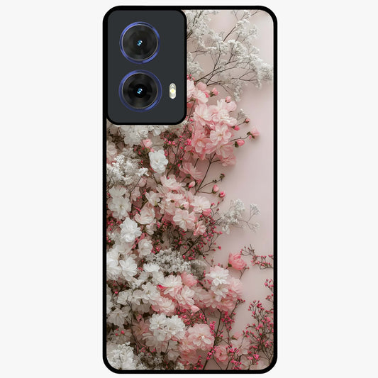 Blush Blossom Cloud Glass Case showing flat back view with dreamy blush cloud blossom artwork and glossy glass finish.