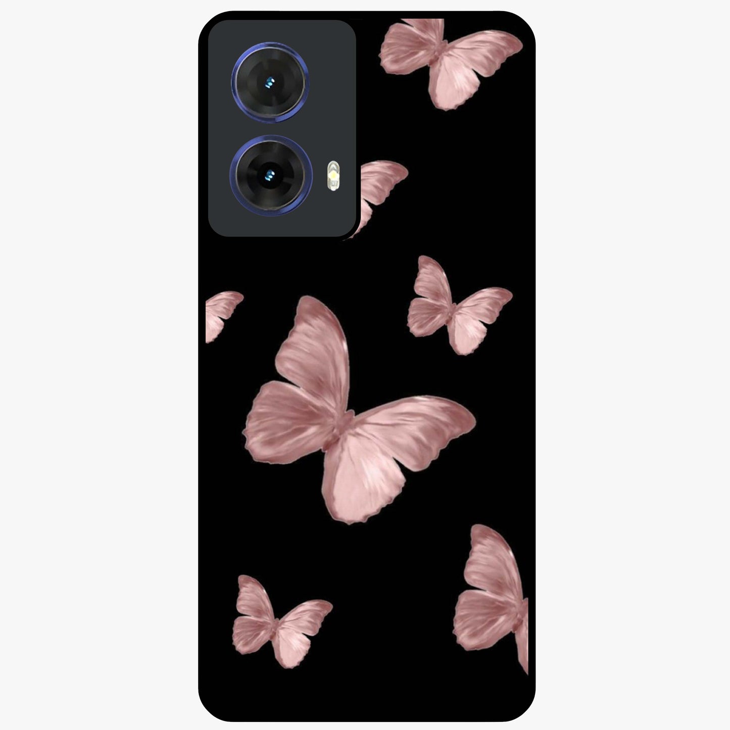 Butterfly Pattern Glass Case showing flat back view with elegant butterfly pattern artwork and glossy glass finish.