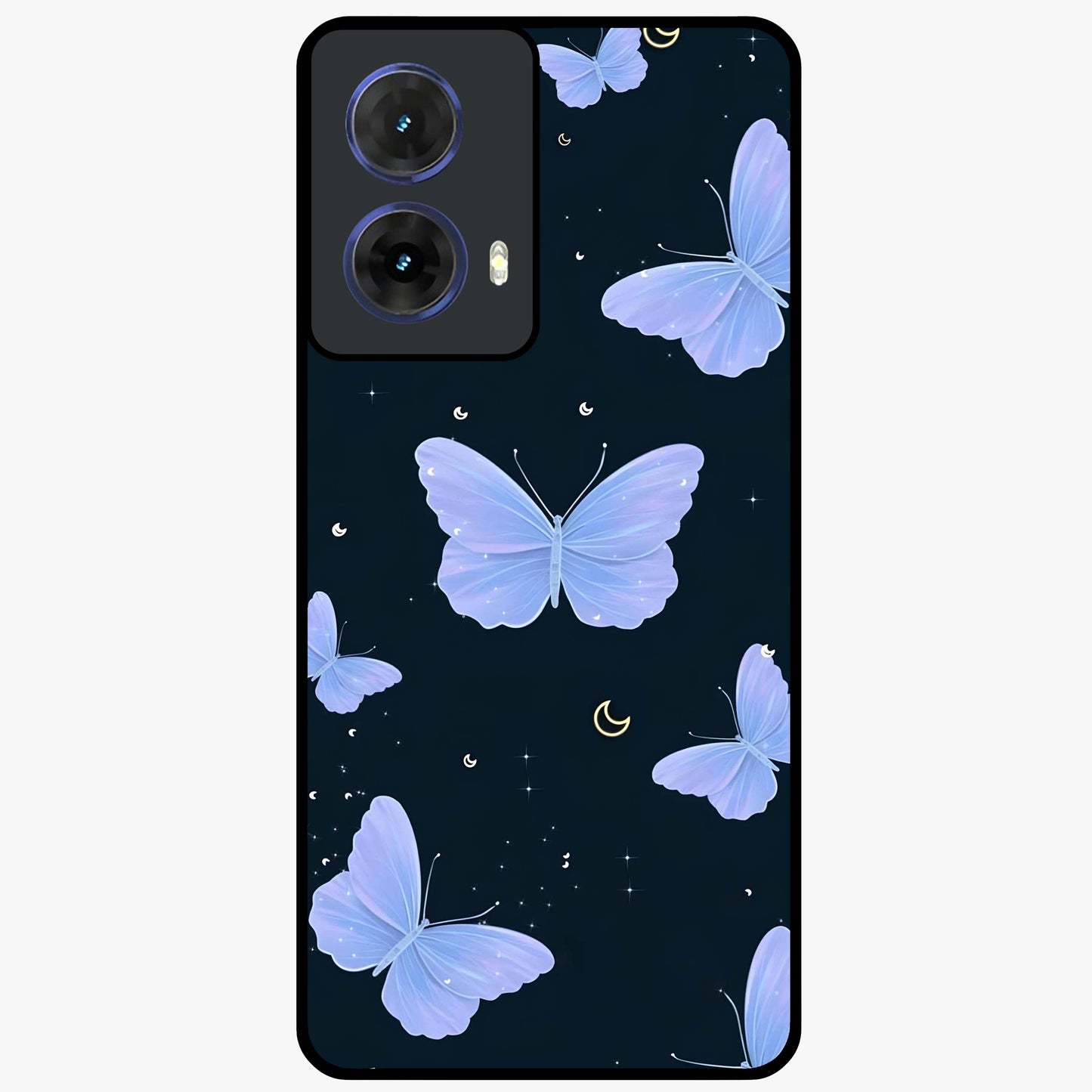 Butterfly With Stars Pattern Glass Case showing flat back view with butterfly and star pattern artwork and glossy glass finish.
