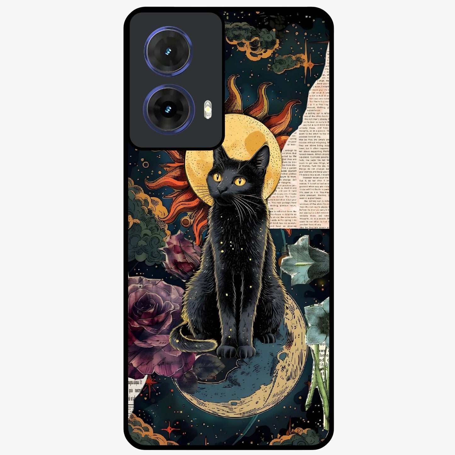 Celestial Black Cat Glass Case showing flat back view with mystical black cat artwork and glossy glass finish.
