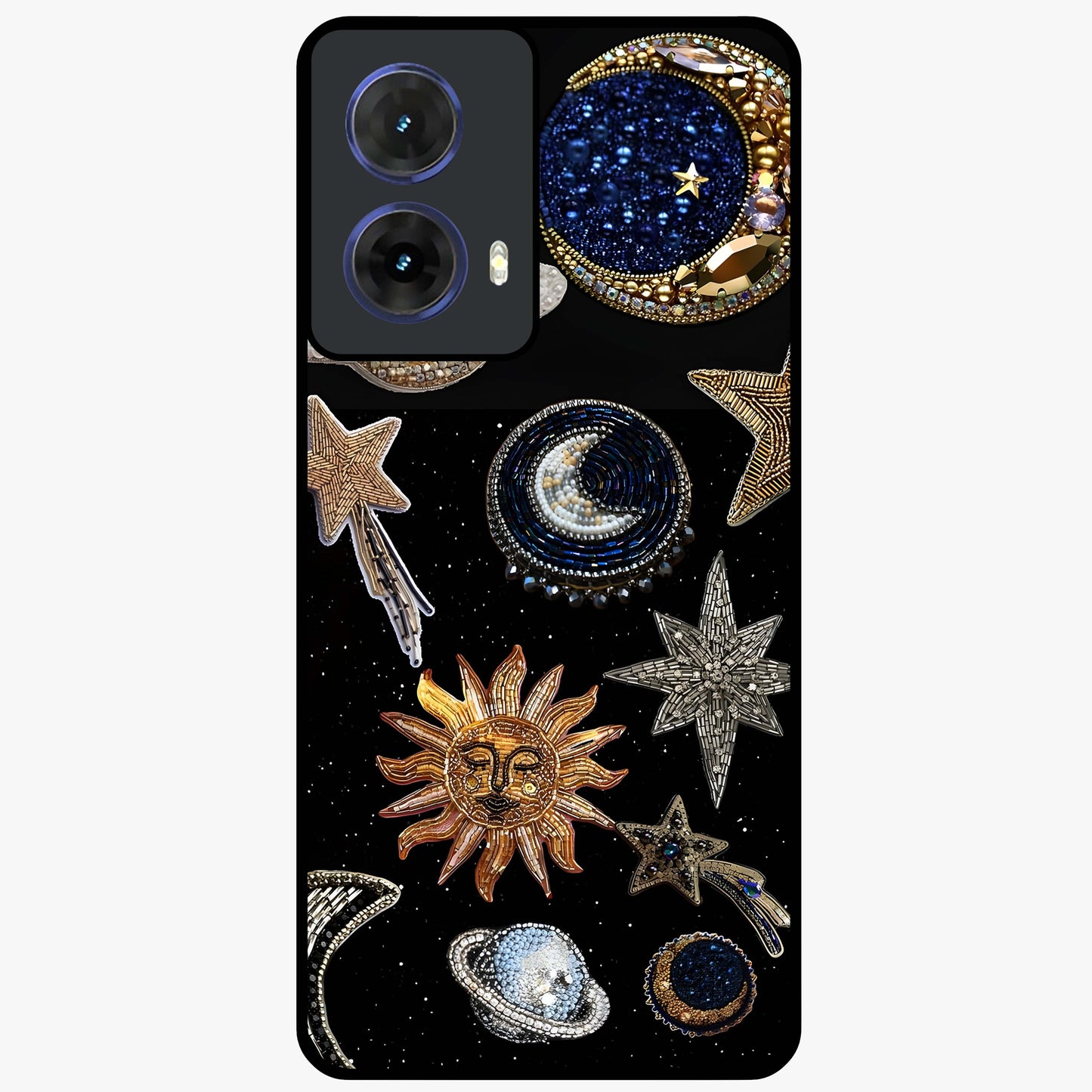 Celestial Gem Constellations Glass Case showing flat back view with sparkling constellation artwork and glossy glass finish.