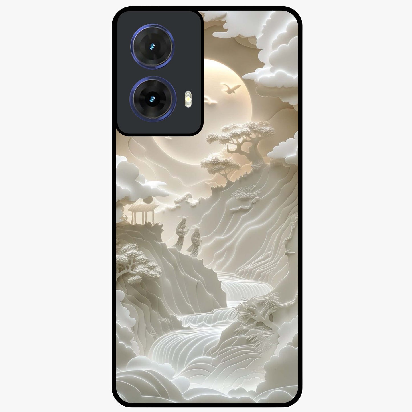 Celestial Origami Glass Case showing flat back view with artistic origami inspired celestial artwork and glossy glass finish.