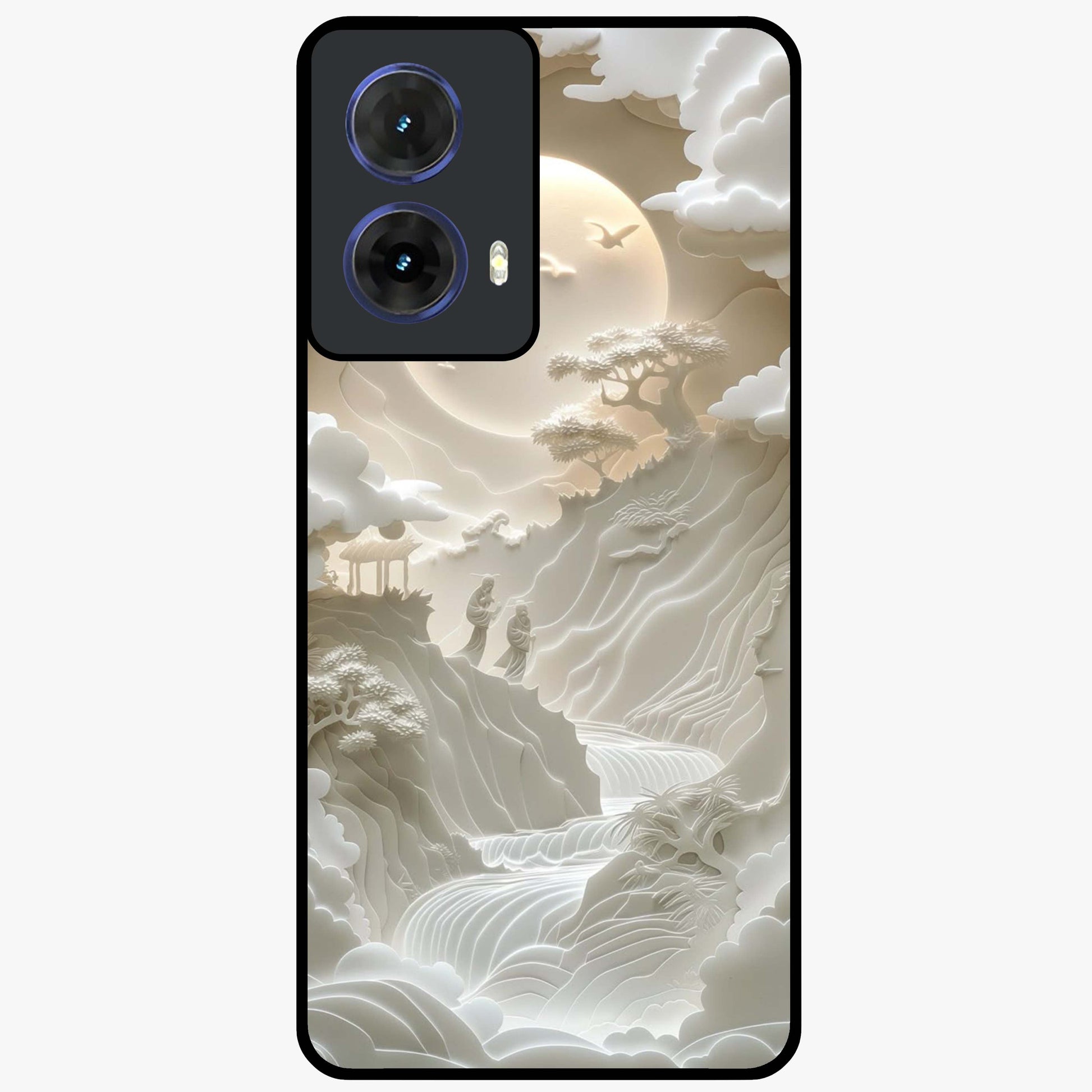 Celestial Origami Glass Case showing flat back view with artistic origami inspired celestial artwork and glossy glass finish.
