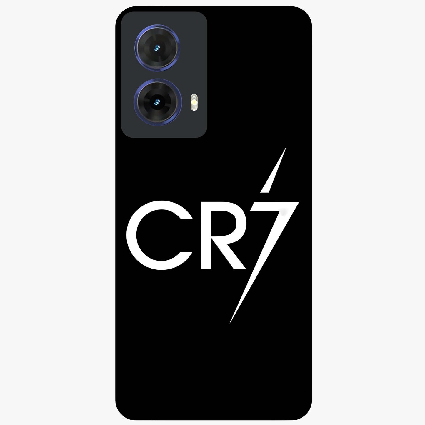 Cr7 Elite Strike Glass Case showing flat back view with dynamic football inspired artwork and glossy glass finish.