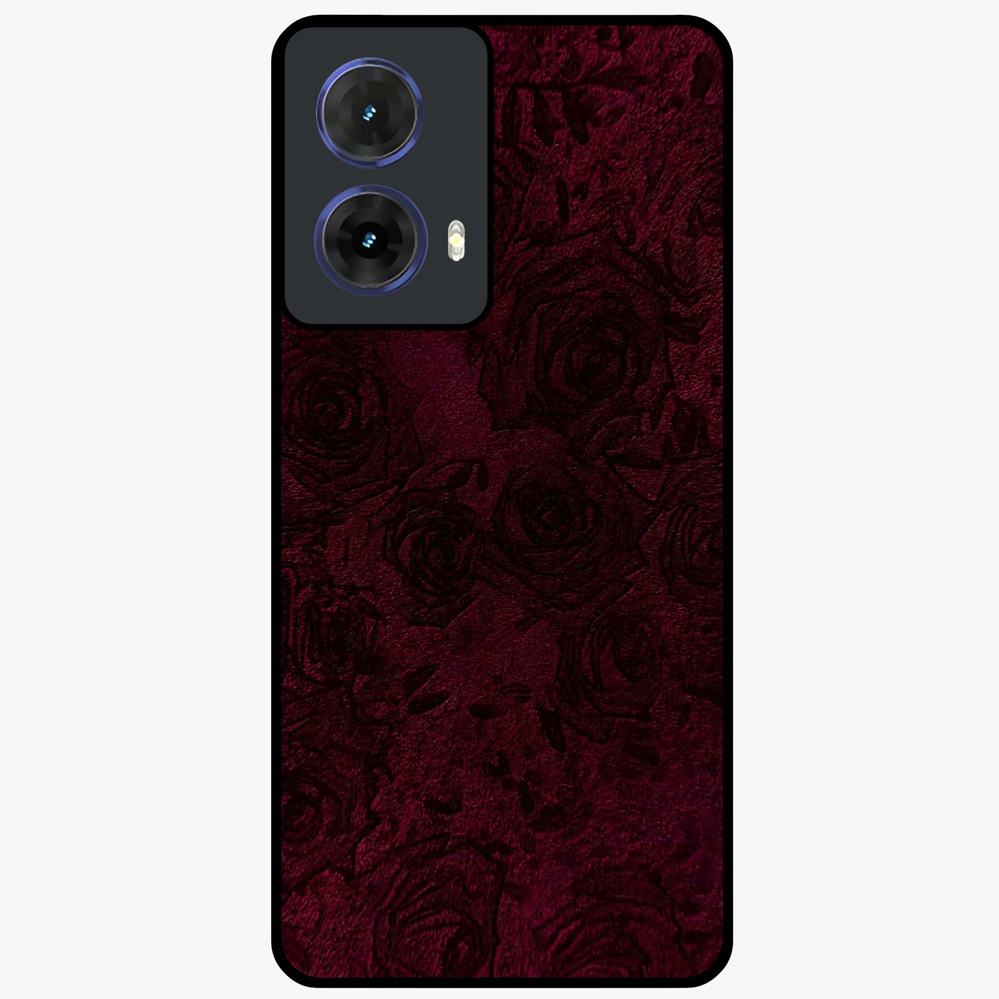 Crimson Fade Flow Glass Case showing flat back view with flowing crimson gradient artwork and glossy glass finish.