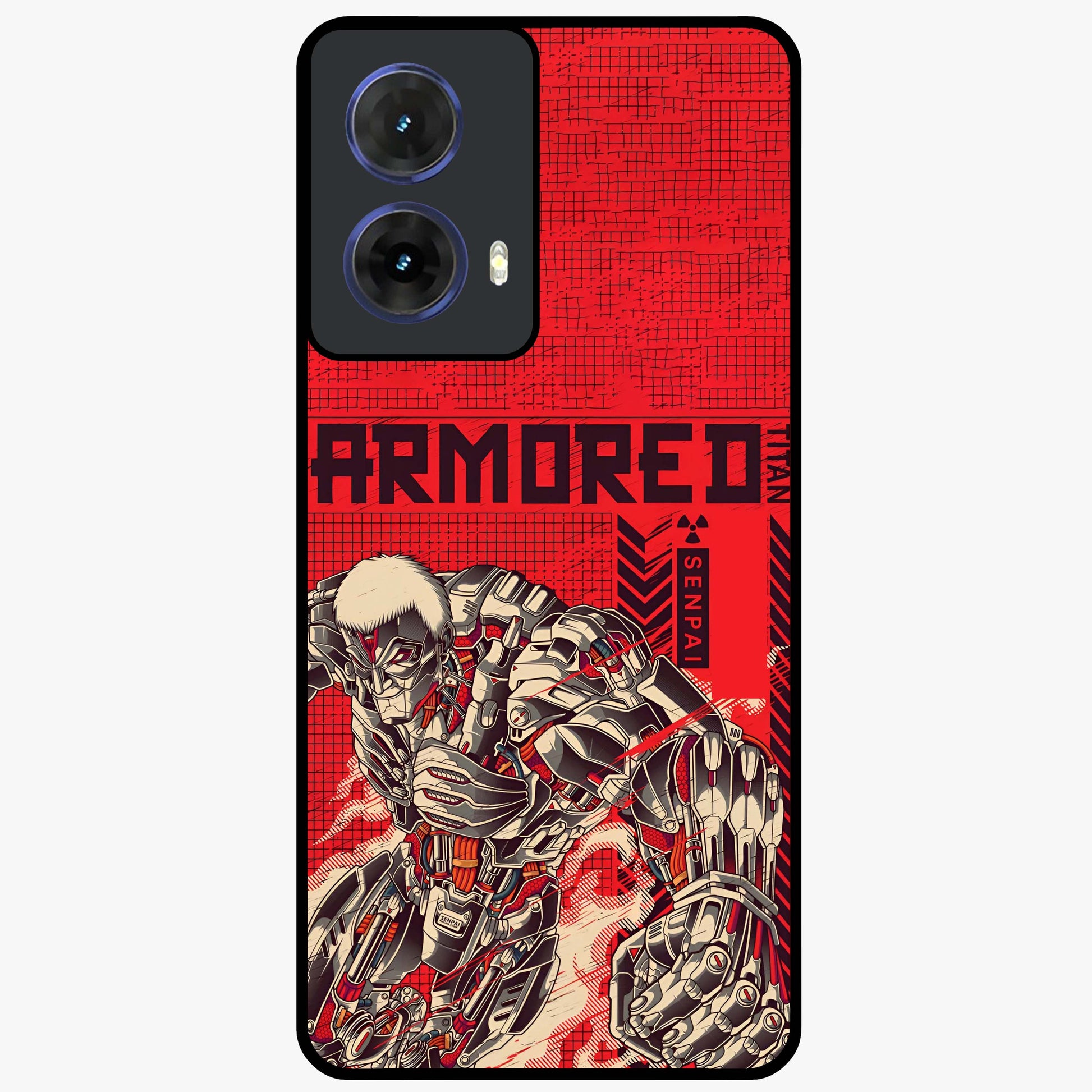 Crimson Mecha Titan Glass Case showing flat back view with powerful mech titan artwork and glossy glass finish.