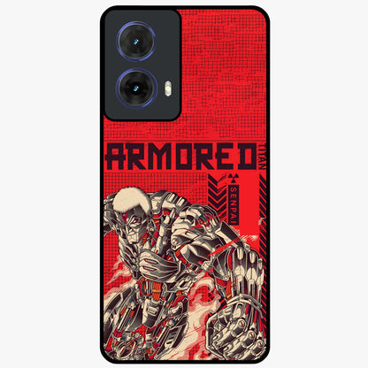 Crimson Mecha Titan Glass Case showing flat back view with powerful mech titan artwork and glossy glass finish.