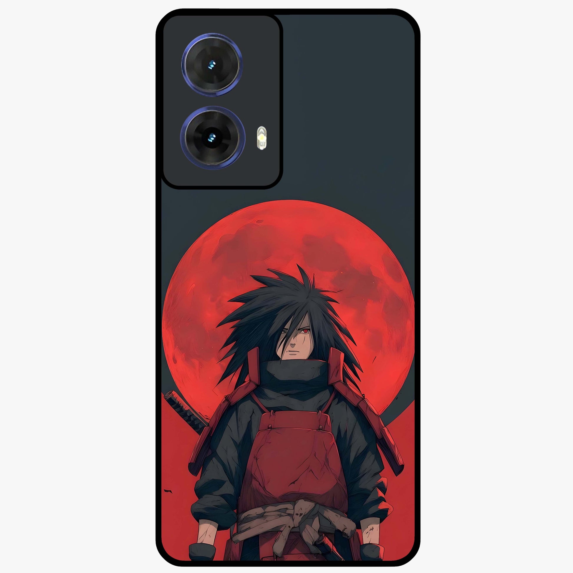 Crimson Moon Warlord Glass Case showing flat back view with mystical moon warrior artwork and glossy glass finish.