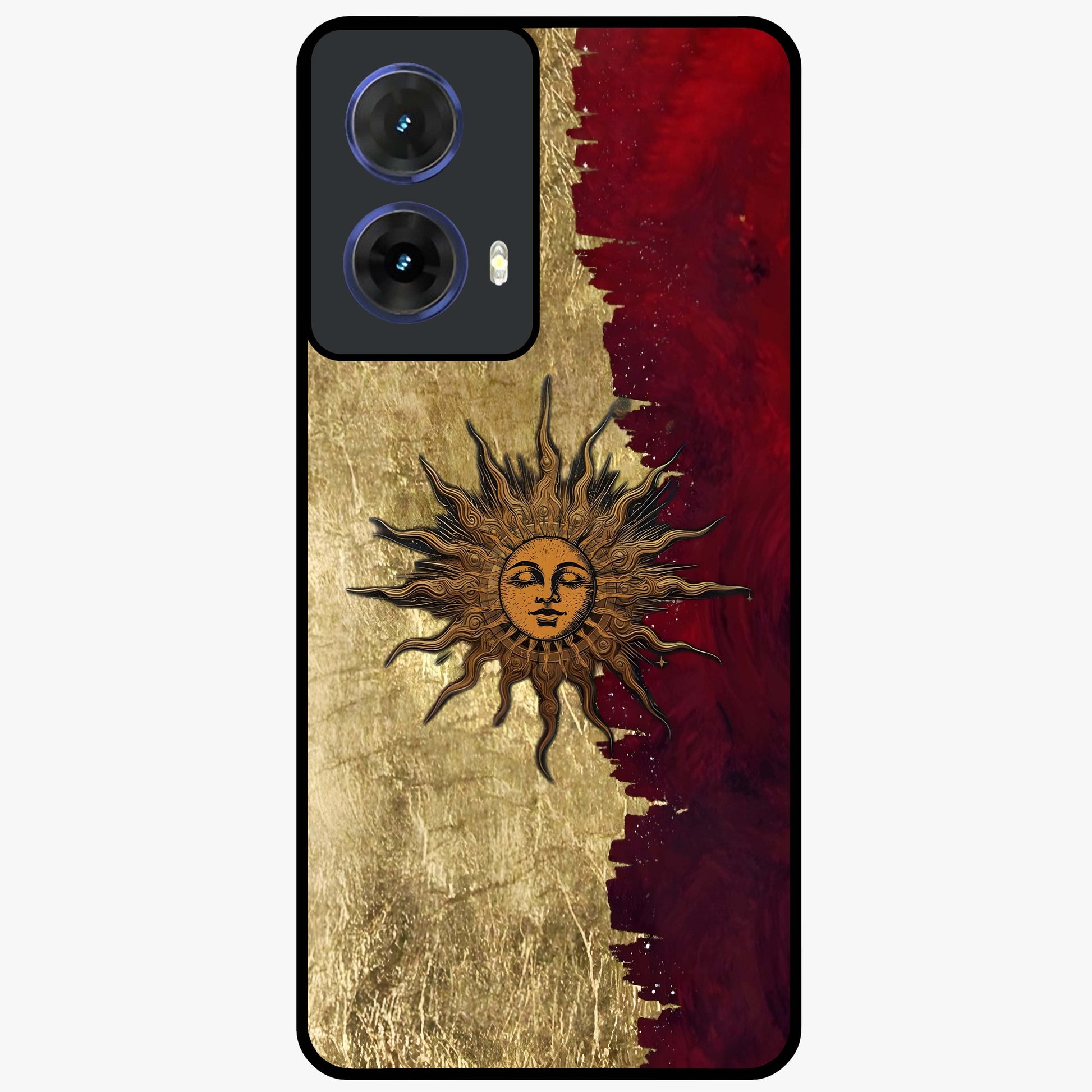 Crimson Sun Majesty Glass Case showing flat back view with radiant sun inspired artwork and glossy glass finish.