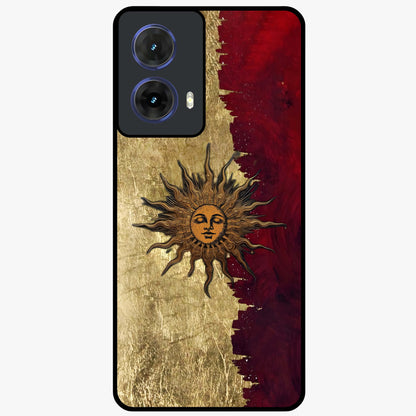 Crimson Sun Majesty Glass Case showing flat back view with radiant sun inspired artwork and glossy glass finish.