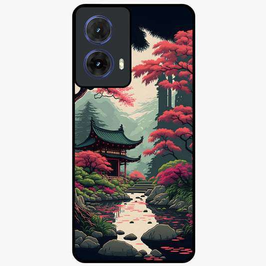 Crimson Temple View Glass Case showing flat back view with temple inspired artwork and glossy glass finish.