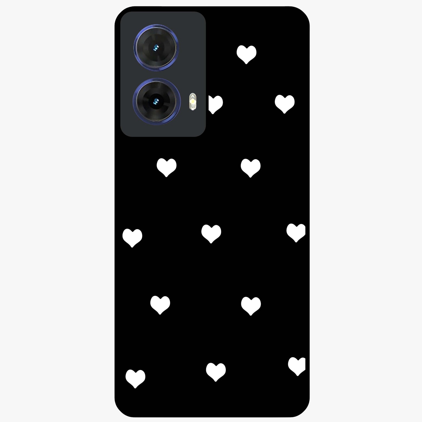 Cute And Simple White Hearts Glass Case showing flat back view with minimal white heart pattern and glossy glass finish.