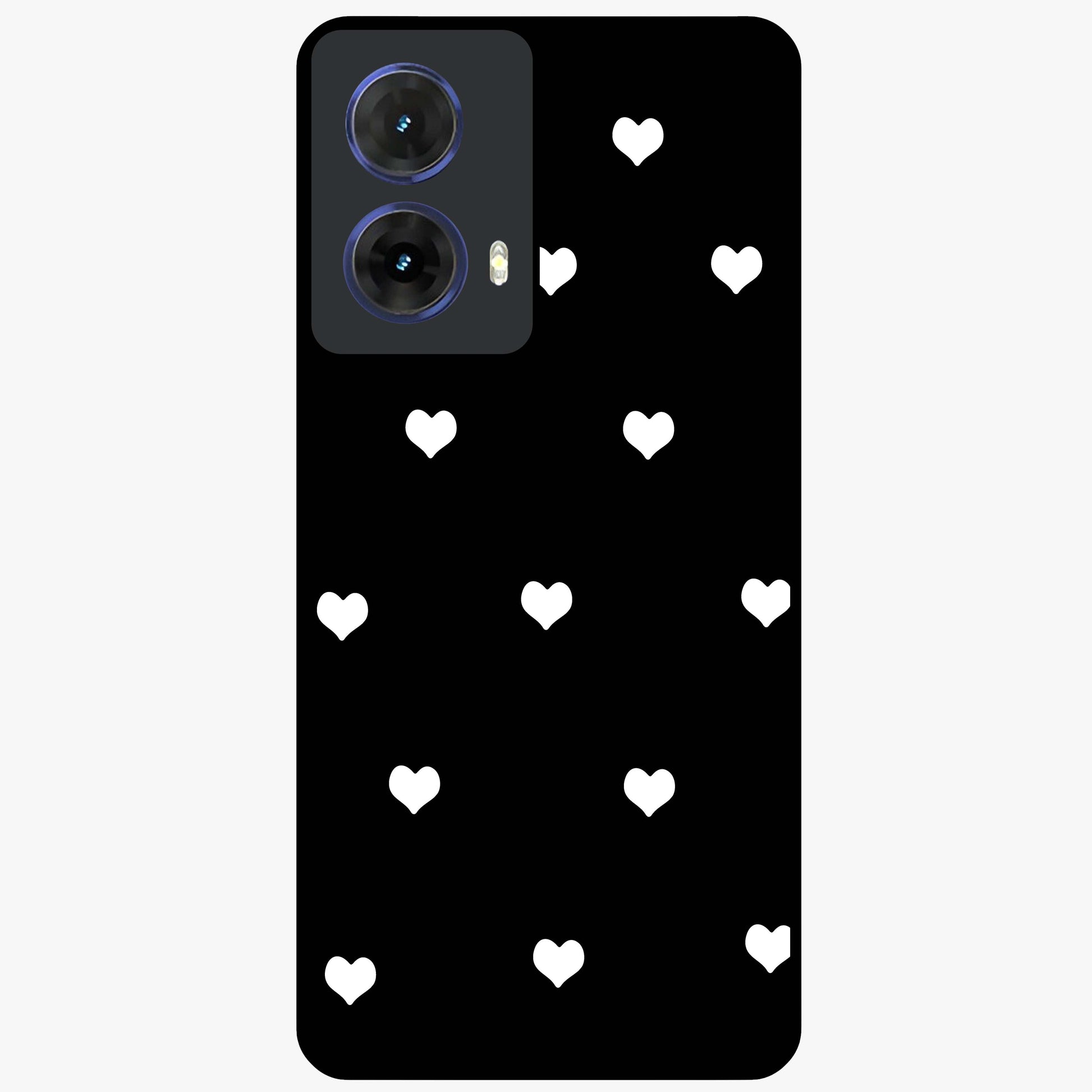 Cute And Simple White Hearts Glass Case showing flat back view with minimal white heart pattern and glossy glass finish.