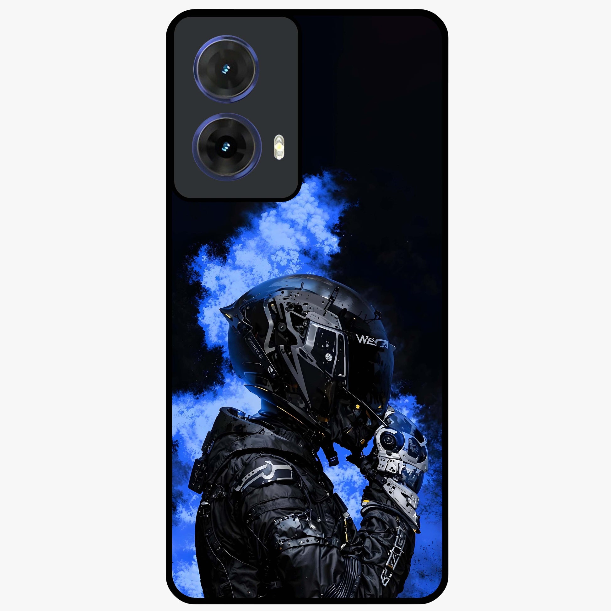 Cyber Sentinel Protocol Glass Case showing flat back view with futuristic cyber themed artwork and glossy glass finish.