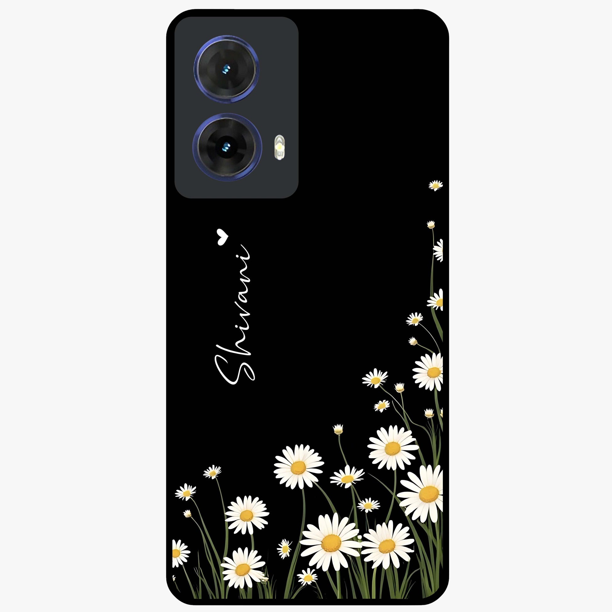 Daisy Cascade Custom Name Glass Case showing flat back view with cascading daisy flowers and personalized name design.