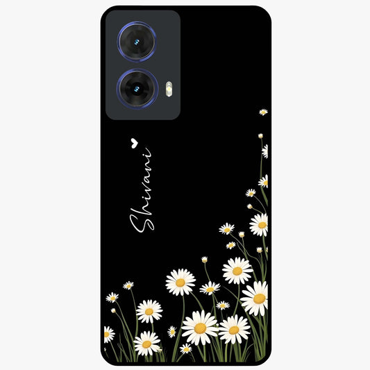 Daisy Cascade Custom Name Glass Case showing flat back view with cascading daisy flowers and personalized name design.