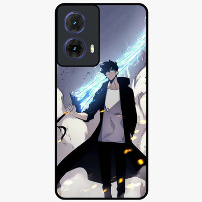 Dark Lightning Anime Warrior Glass Case showing flat back view with intense anime warrior artwork and glossy glass finish.