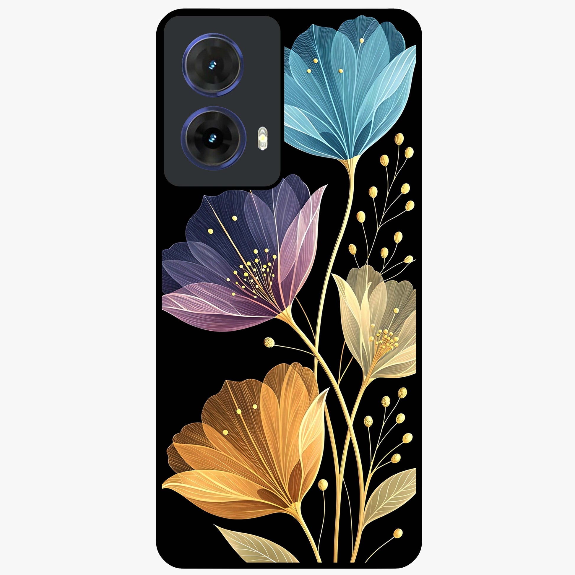 Delicate Multicolor Flowers Glass Case showing flat back view with vibrant floral artwork and glossy glass finish.
