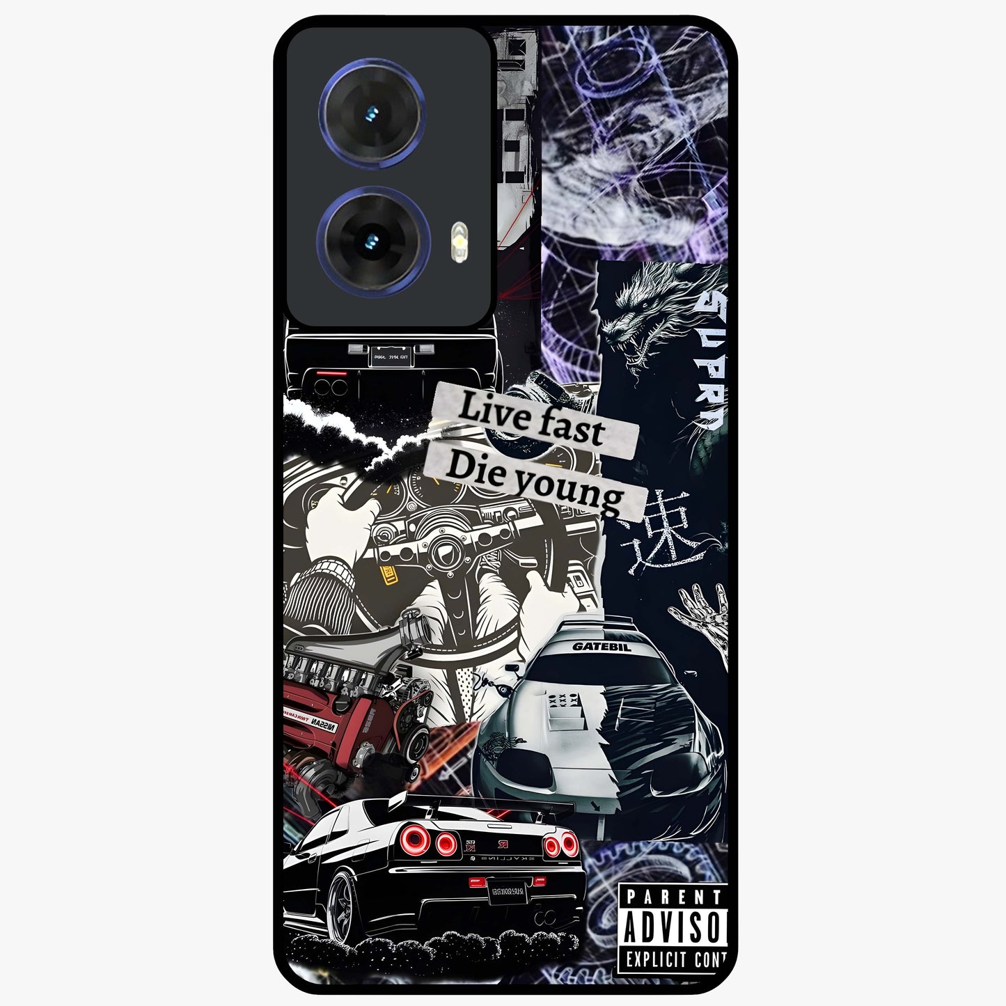 Die Young Glass Case showing flat back view with bold artistic typography design and glossy glass finish.