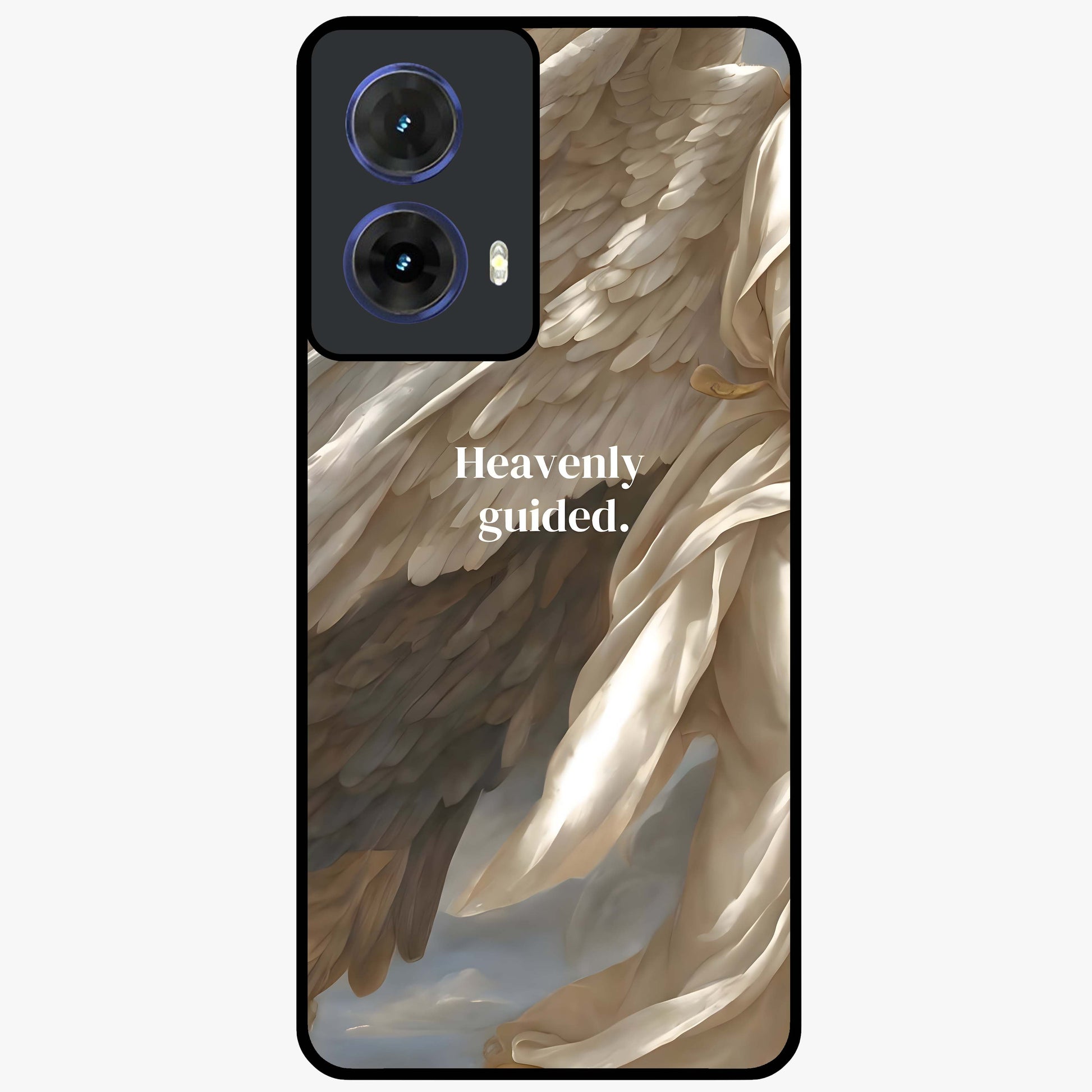 Divine Winged Grace Glass Case showing flat back view with elegant wing inspired artwork and glossy glass finish.