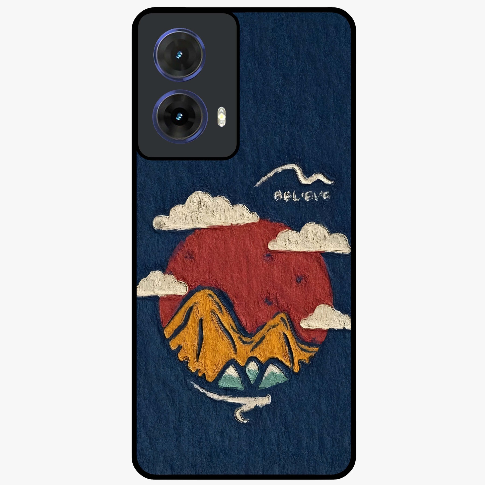 Dream Beyond Mountains Glass Case showing flat back view with scenic mountain landscape artwork and glossy glass finish.