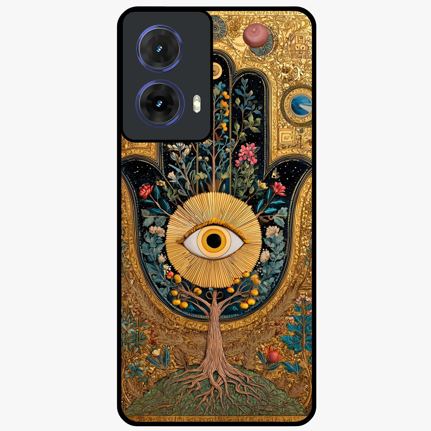 Ethereal Evil Eye Glass Case showing flat back view with mystical evil eye artwork and glossy glass finish.